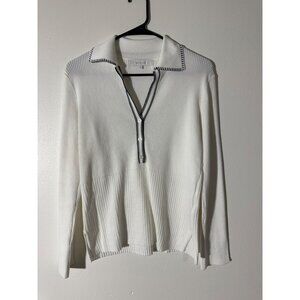 Verve Ami White Ribbed Knit Collared Sweater Top Small